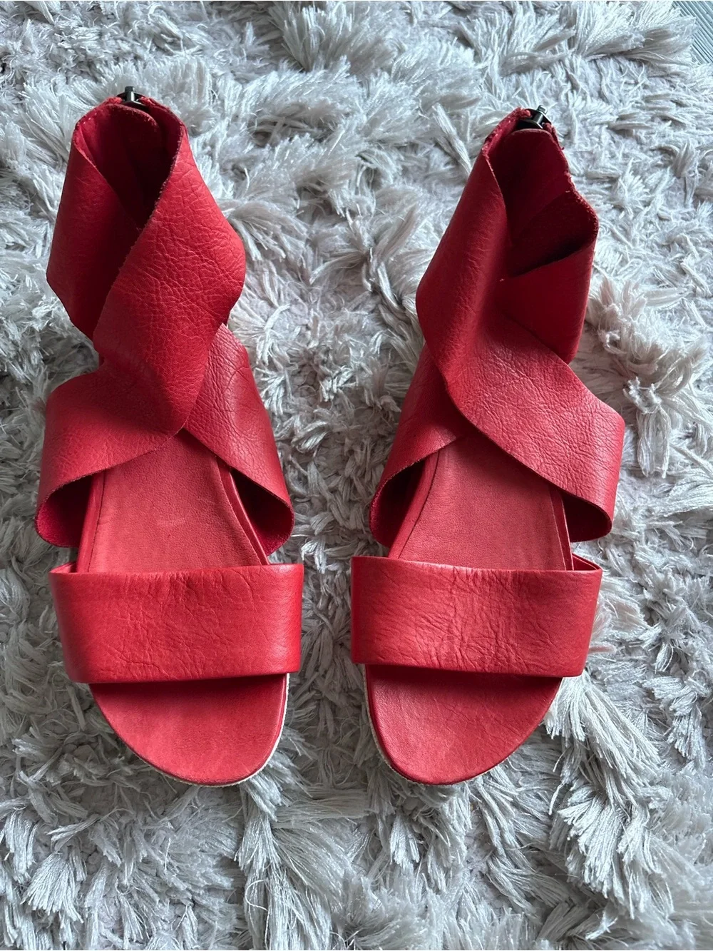Eileen Fisher Red Leather Crisscross Ankle Sandals